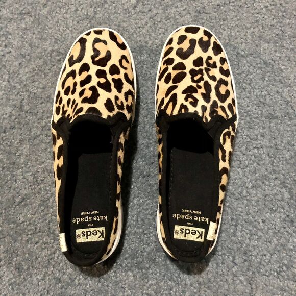 Kate Spade x Keds Slip On Sneakers 5.5 Calf Hair Leopard Cheetah Lace Up - Picture 2 of 11